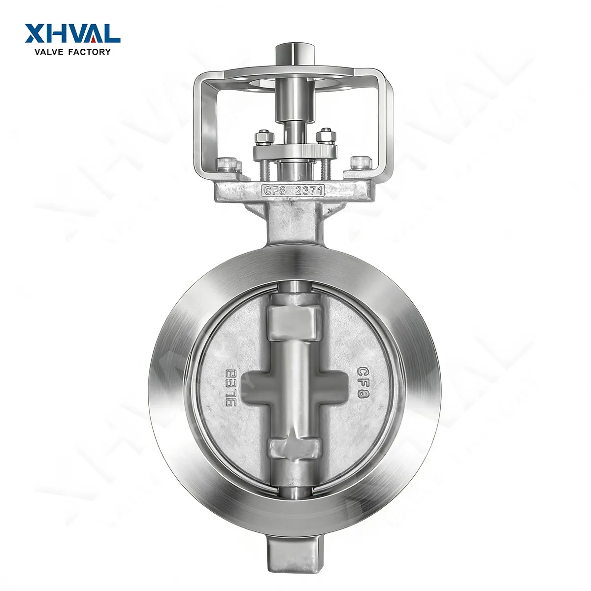 High-performance double-eccentric butterfly valve with wafer-type mounting and bare shaft.